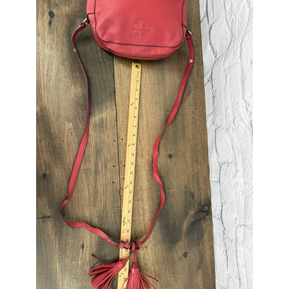 Tory Burch Thea Camera Bag Burgundy Red Pebbled‎ Leather Crossbody Tassel Purse